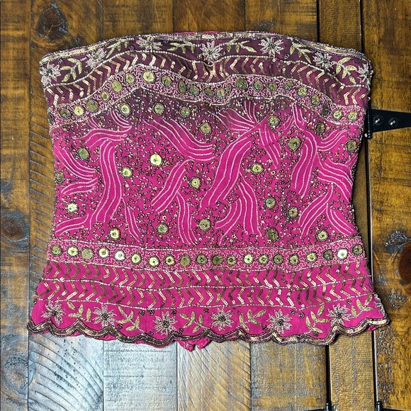 Aftershock Tops - Vintage 100% Silk Aftershock Beaded Embroidered Pink Strapless Top | Size Medium